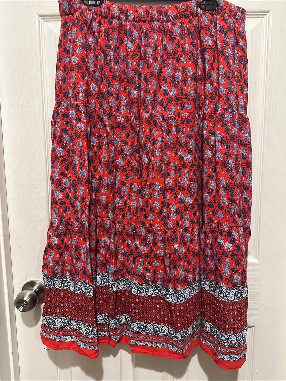 LOFT Red Floral Tiered Maxi Skirt with Blue Accents